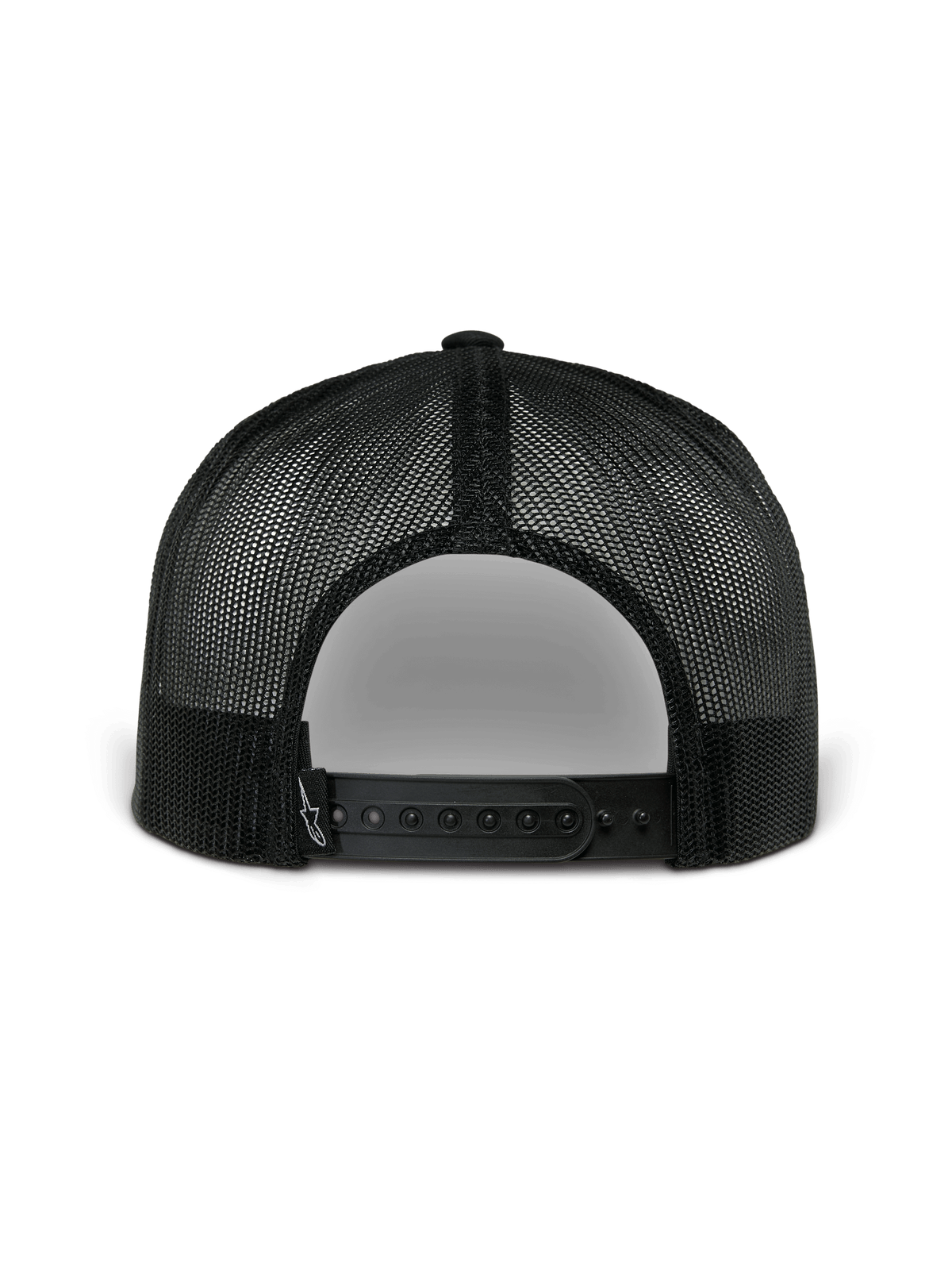 Alpinestars Orion Trucker Hat, vista posteriore, blu navy e nero, con rete in poliestere nera e chiusura a scatto, copricapo casual ispirato al motorsport