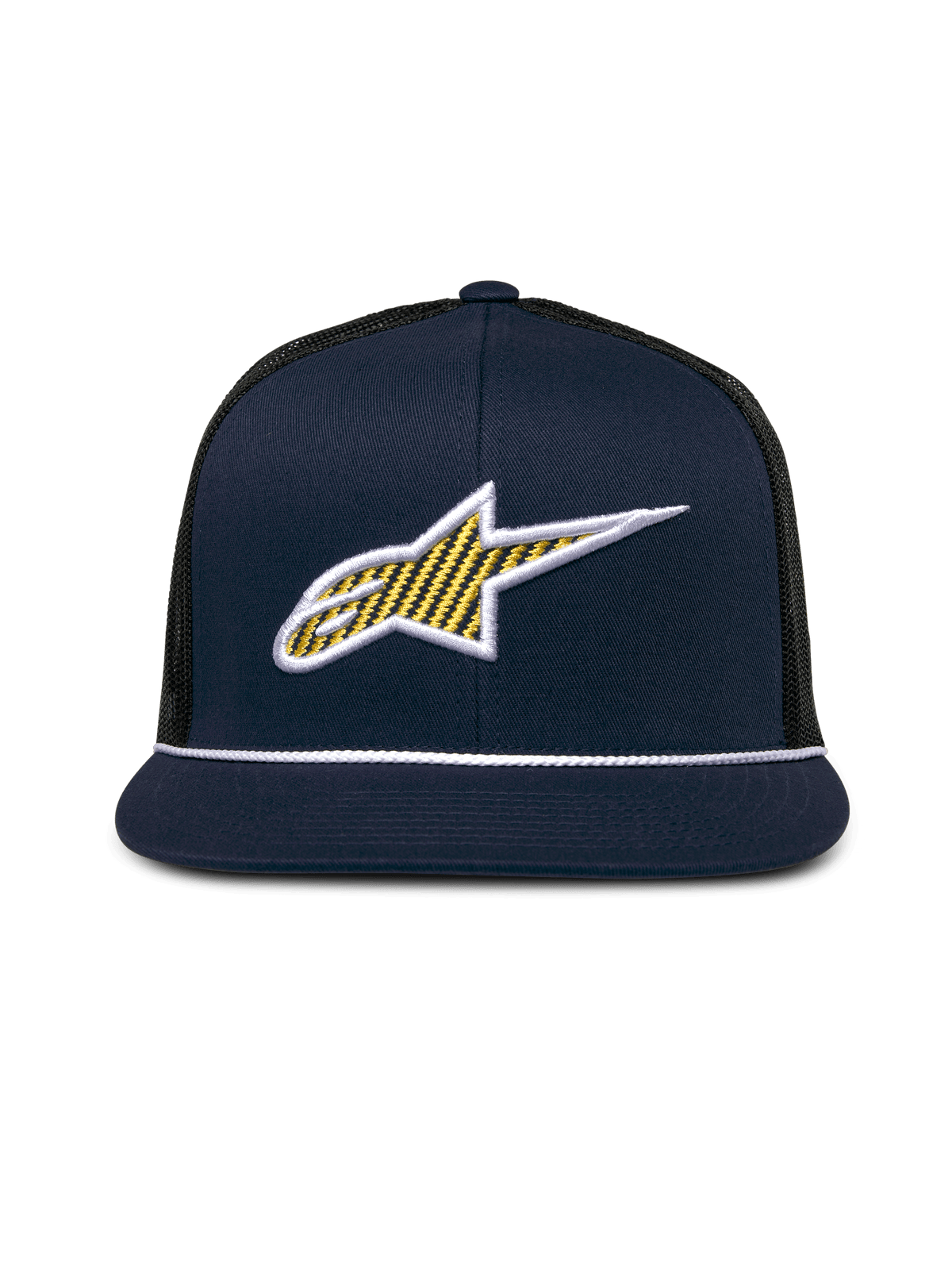 Cappello Trucker Alpinestars Orion, blu navy e nero, logo Ageless 3D frontale con riempimento a motivo giallo e bordo bianco, visiera piatta con rifinitura in corda bianca, corona strutturata e retro in rete nera, copricapo casual da motorsport