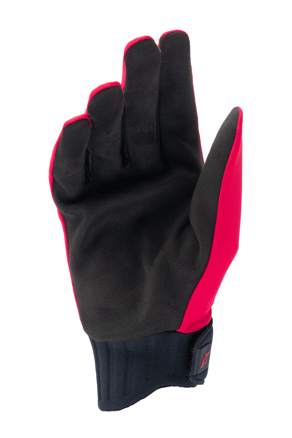 Alpinestars guanti Stella A-Dura Rain da donna, rosso fluo e nero, vista del palmo in pelle scamosciata sintetica, polsino in neoprene a coste con chiusura a strappo, guanti da ciclismo impermeabili