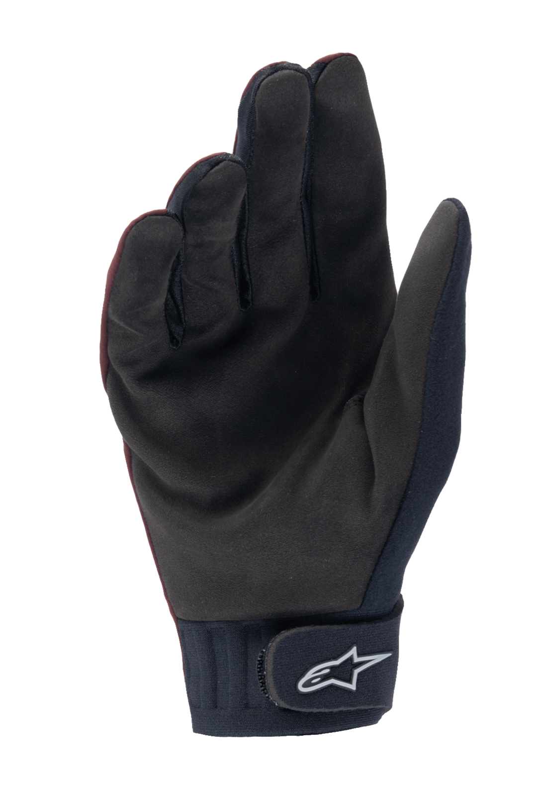 Guanti termici Alpinestars Stella A-Dura, guanti da MTB da donna, bordeaux scuro e nero, vista del palmo in pelle scamosciata sintetica, polsino in neoprene con chiusura a strappo e logo Alpinestars bianco, progettati per il ciclismo con clima freddo