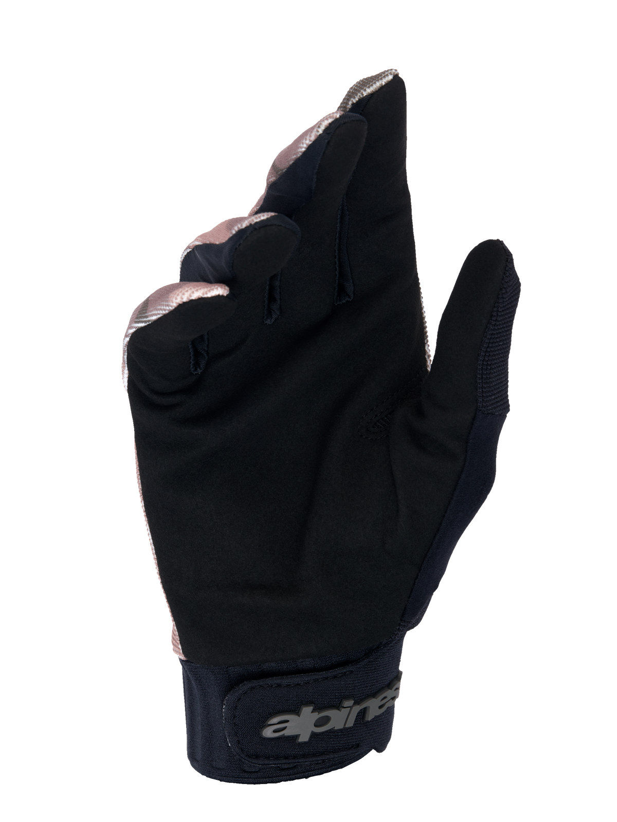 Guanti Alpinestars A-Dura Squad, guanti da MTB, camo e marrone, vista del palmo in suede sintetico nero, polsino in neoprene con chiusura a strappo e logo Alpinestars, design resistente per mountain bike