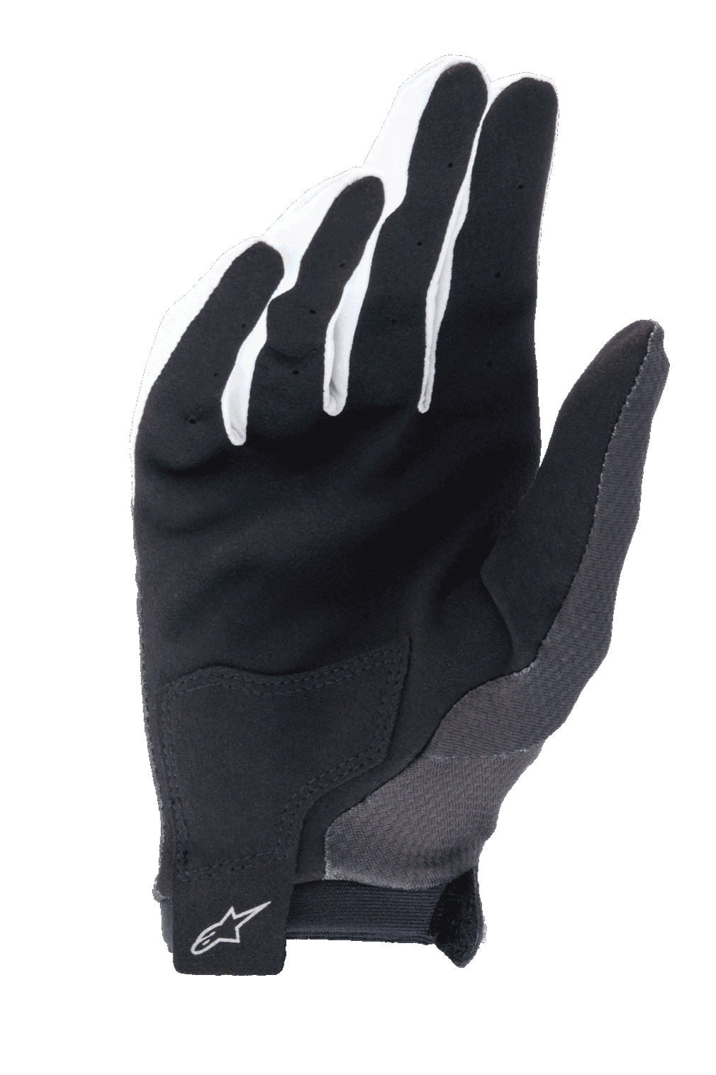 Guanti Alpinestars A-Aria, Nero, vista del palmo in camoscio sintetico per il grip, toppa di rinforzo sul palmo e chiusura del polso con gancio e anello con logo Alpinestars, guanti leggeri da mountain bike