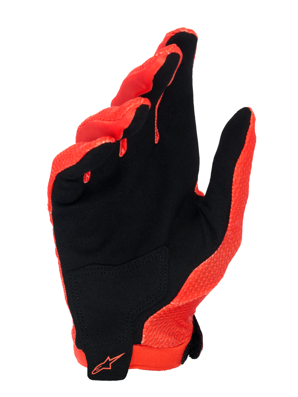 Guanti Alpinestars A-Aria, Spicy Orange e nero, vista del palmo in camoscio sintetico con toppa nera, logo Alpinestars arancione sul polso, design leggero e ventilato per MTB e ciclismo fuoristrada