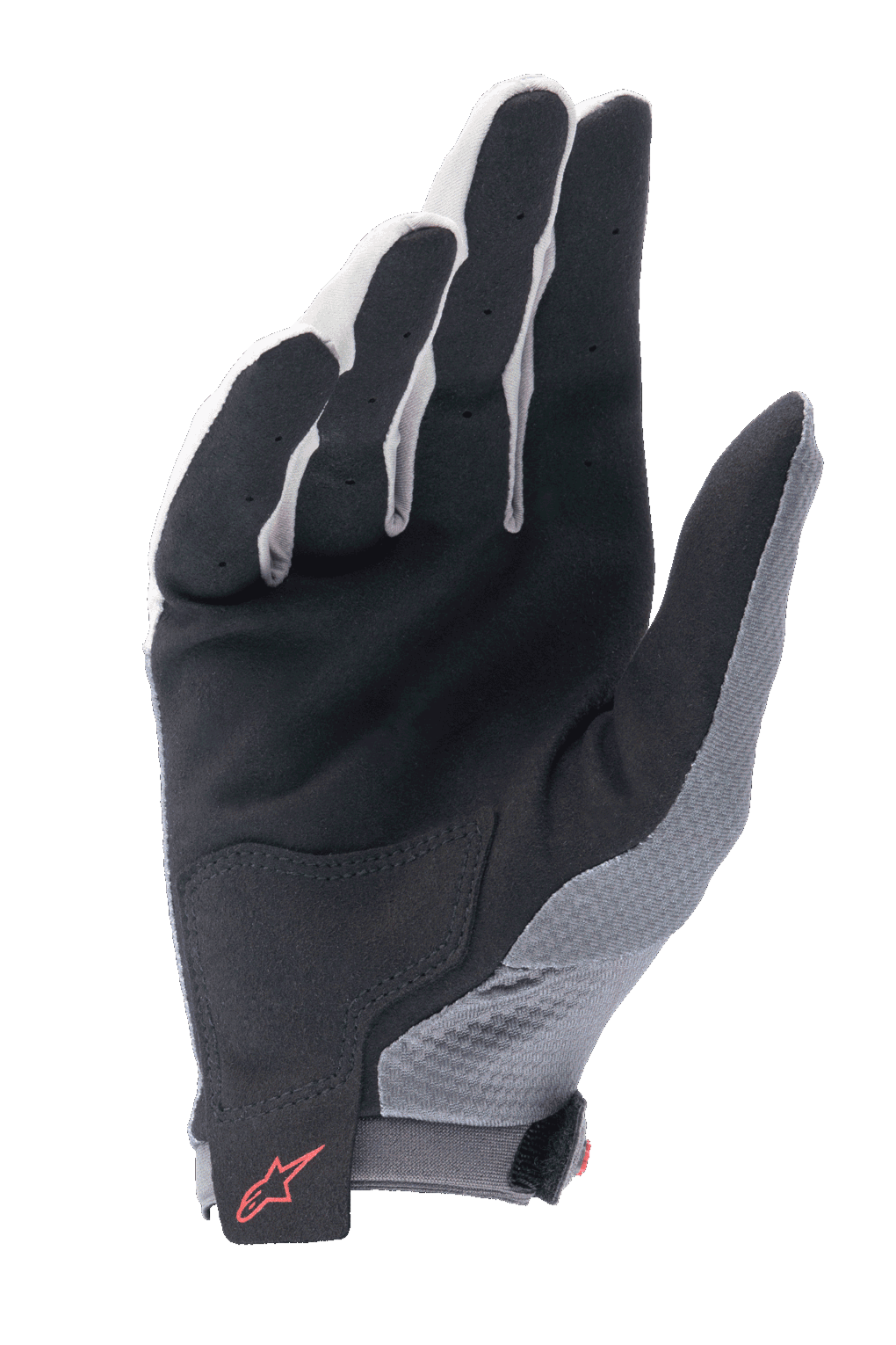 Guanti Alpinestars A-Aria, grigio scuro e nero, vista del palmo di un guanto da ciclismo leggero caratterizzato da un palmo in camoscio sintetico nero, toppa di rinforzo sul palmo inferiore, dita ventilate e logo Alpinestars rosso sul cinturino da polso con chiusura a gancio e anello