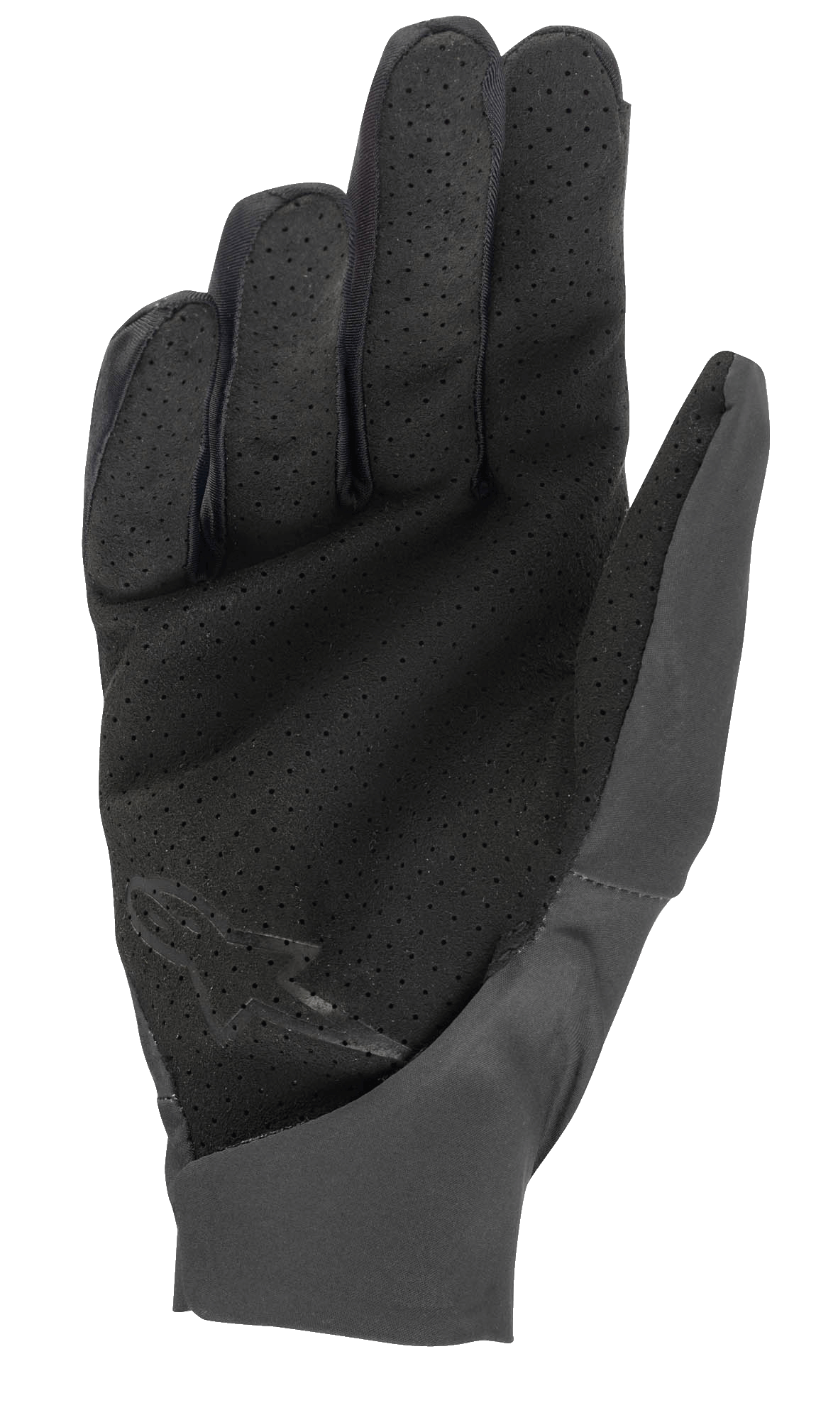 Guanti Alpinestars Drop 4.0, nero, vista del palmo con materiale traforato per la ventilazione, costruzione slim-fit in tessuto elasticizzato leggero, logo discreto sulla parte inferiore del palmo, progettati per la guida enduro e MTB
