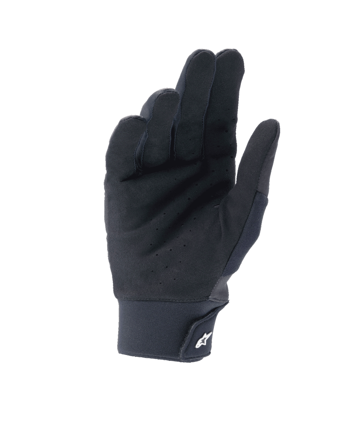 Guanti Alpinestars A-Supra Shield, nero, vista del palmo in camoscio sintetico traforato per la ventilazione, polsino in neoprene con chiusura a strappo e logo a stella bianco, attrezzatura tecnica per MTB e gravity riding