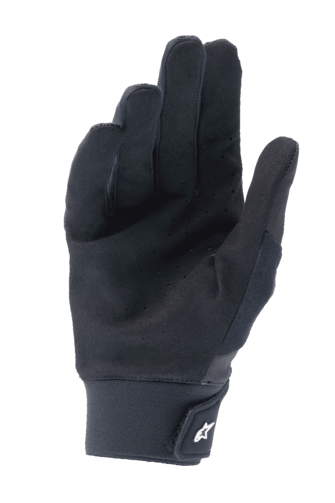 Guanti Alpinestars A-Supra, nero, vista del palmo in camoscio sintetico perforato per la ventilazione, polsino in neoprene con chiusura a strappo e logo bianco, equipaggiamento tecnico da mountain bike