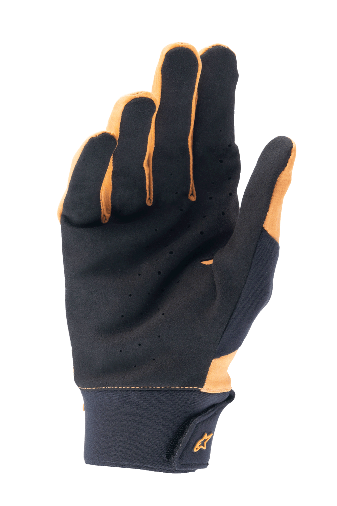 Guanti Alpinestars A-Supra, Oro scuro e Nero, vista del palmo in camoscio sintetico perforato per ventilazione e grip, ampio polsino in neoprene con chiusura a gancio e asola e logo dorato, guanti da ciclismo per mountain bike