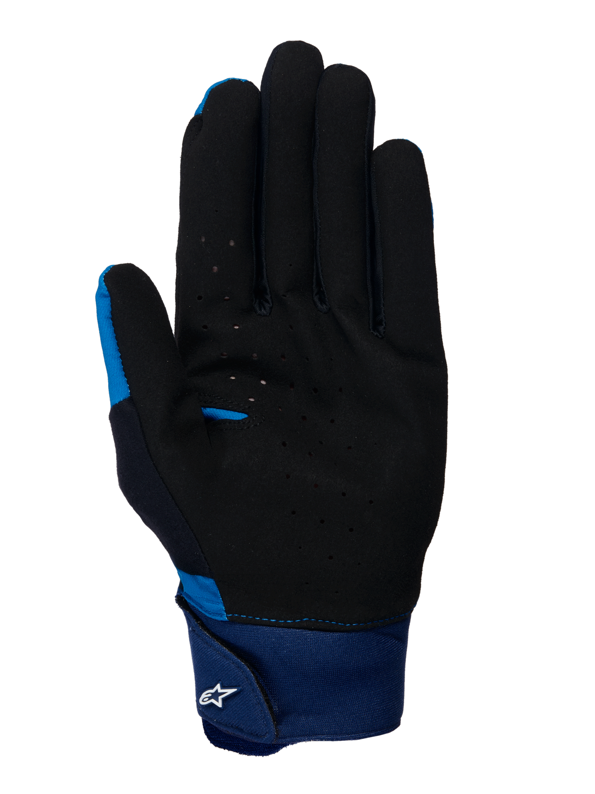 Guanti Alpinestars A-Supra, guanti MTB blu, vista del palmo in materiale scamosciato traforato nero, ampio polsino in neoprene blu con cinturino a gancio e asola e logo Astars bianco