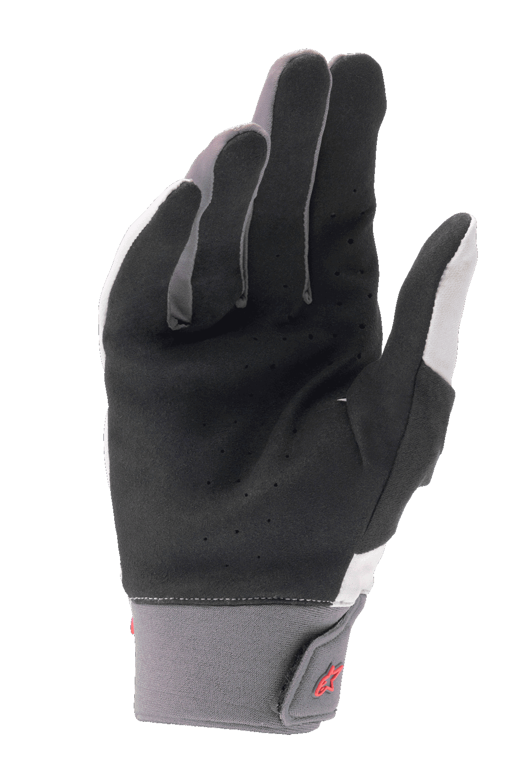 Guanti Alpinestars A-Supra, guanti da mountain bike, grigio chiaro e nero, con palmo in camoscio sintetico perforato, polsino in neoprene con chiusura a gancio e asola, dettaglio logo rosso, progettati per il ciclismo ad alte prestazioni