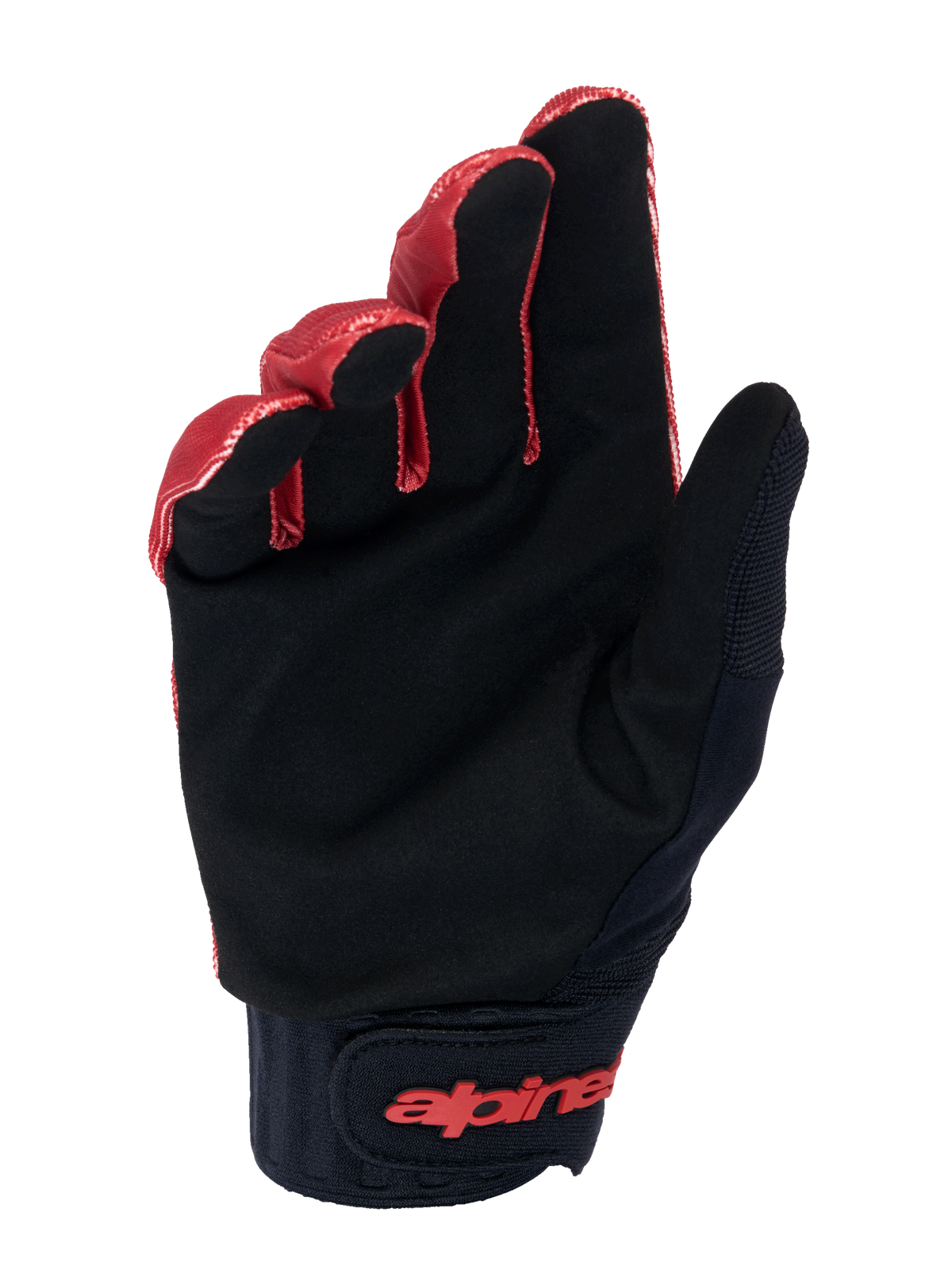 Guanti Alpinestars A-Dura, guanti da mountain bike, arancione scuro e nero, vista del palmo in camoscio sintetico nero per il grip, ampio polsino in neoprene con logo rosso sulla chiusura a strappo del polso, progettati per resistenza e sensibilità MTB