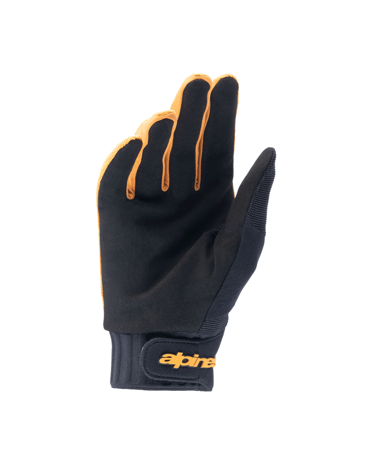 Guanti Alpinestars A-Dura, guanti da mountain bike, oro scuro e nero, vista del palmo in camoscio sintetico, polsino in neoprene con chiusura a strappo color oro, progettati per grip e mobilità in bicicletta.