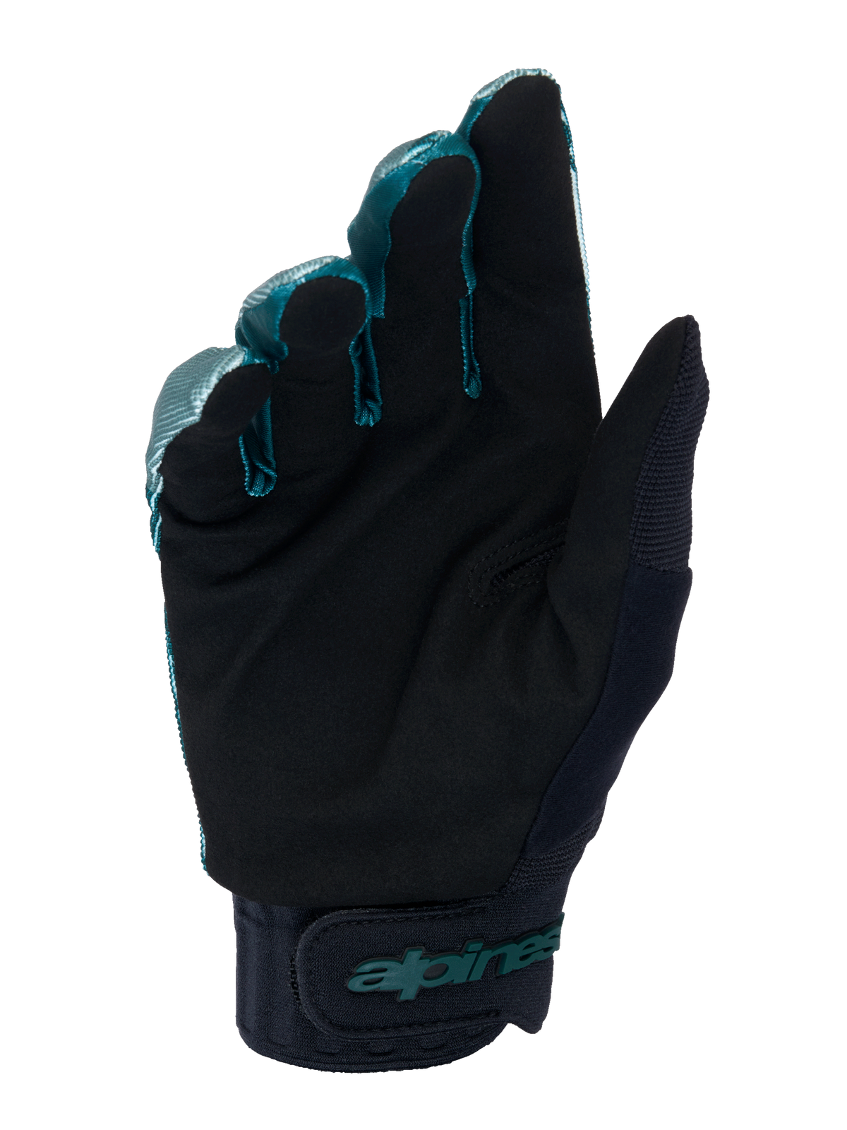 Guanti Alpinestars A-Dura, guanti da ciclismo MTB, verde camo e nero, vista del palmo in camoscio sintetico nero, polsino in neoprene con chiusura a strappo regolabile, branding Alpinestars verde acqua, equipaggiamento professionale per fuoristrada