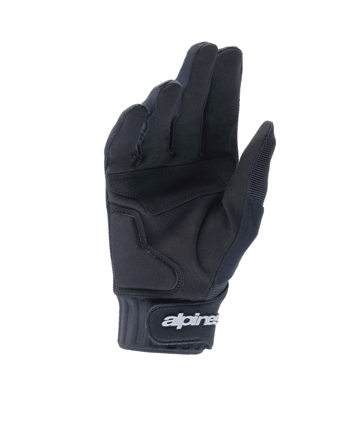 Guanti Alpinestars A-Dura Gel, guanti da mountain bike neri, vista del palmo con struttura in camoscio sintetico e imbottitura in gel, polsino in neoprene con chiusura a strappo e logo Alpinestars bianco, equipaggiamento ergonomico da ciclismo per trail ed enduro