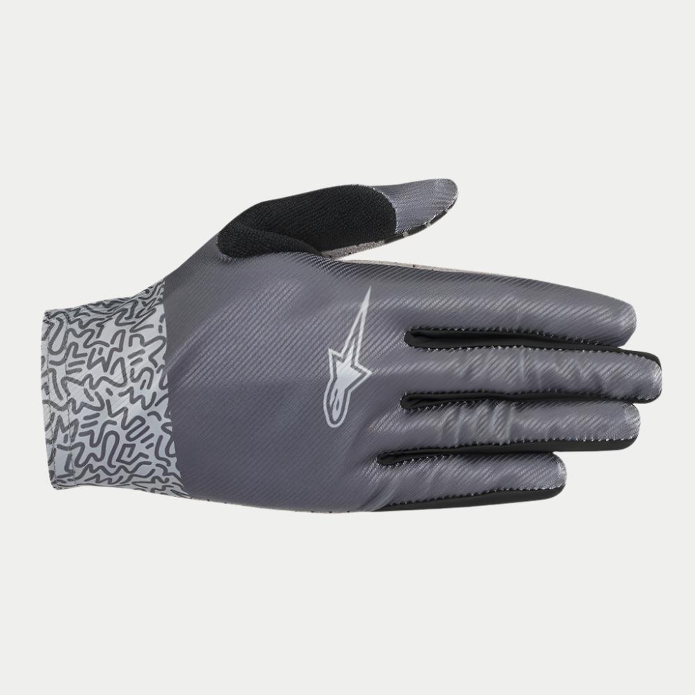 Guanti da donna Alpinestars Stella Alderex Pro, guanti da MTB, grigio antracite, caratterizzati da un dorso con texture diagonale e logo Alpinestars bianco, patch in spugna nera sul pollice e polsino con motivo astratto, equipaggiamento per ciclismo fuoristrada