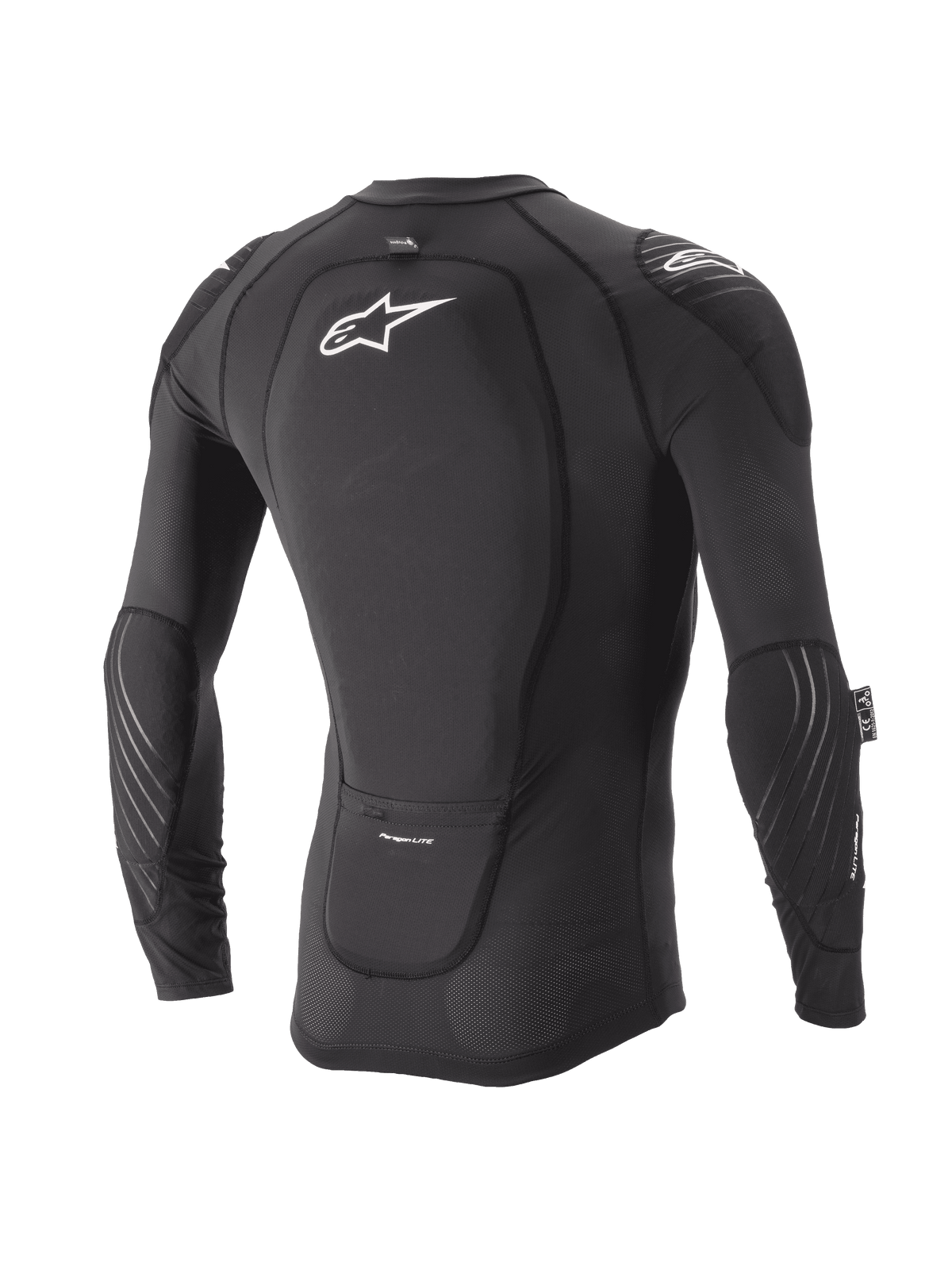 Alpinestars Giacca Protettiva Paragon Lite Ragazzo, a maniche lunghe, nero, vista posteriore con paraschiena integrato e logo bianco, maniche in rete traspirante con imbottitura sui gomiti, protezione corpo leggera per MTB
