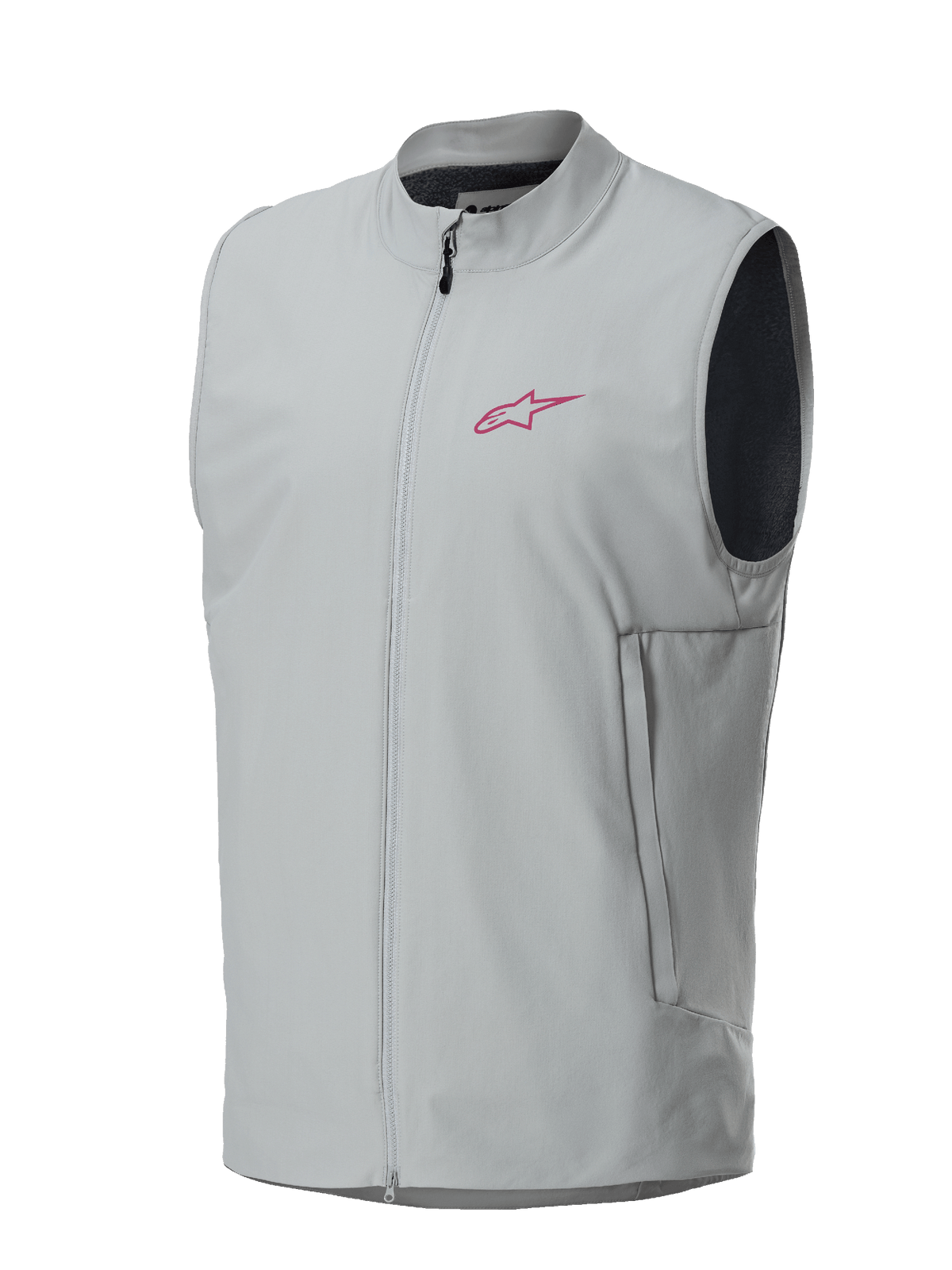 Alpinestars Gilet Termico A-Dura, grigio titanio, logo a stella Alpinestars magenta sul petto, chiusura frontale con zip integrale e tasche laterali verticali, gilet isolante leggero per mountain bike e trail riding