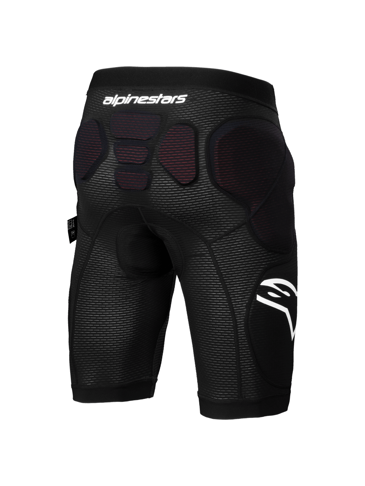 Alpinestars A-Impact Plasma Protection Shorts, pantaloncini protettivi per mountain bike, nero e bianco, vista posteriore con imbottitura protettiva integrata su fianchi e colonna vertebrale inferiore, tessuto a rete traspirante con logo Alpinestars bianco, progettati per enduro e gravity