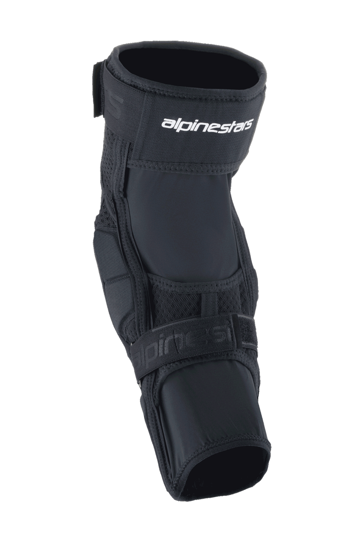 Alpinestars A-Impact Plasma Elite Knee Protector, protezione per ginocchia da ciclismo, nero e bianco, con sistema di chiusura a doppia cinghia e logo Alpinestars bianco, pannelli in mesh e design ergonomico pre-curvato per protezione dagli impatti MTB
