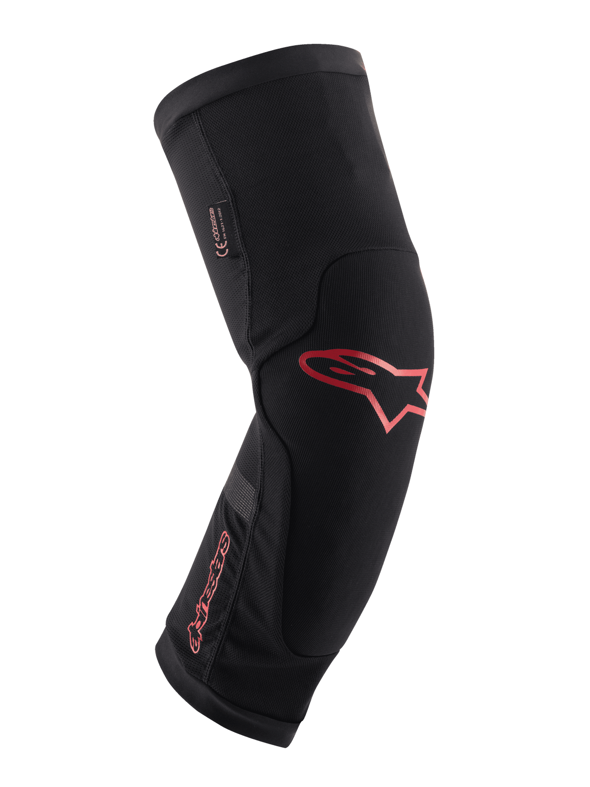 Alpinestars Paragon Plus Knee Protector, nero con logo e scritta Alpinestars in rosso, design ergonomico a manica slip-on, tessuto a rete traspirante con pannelli rinforzati, attrezzatura protettiva per mountain bike
