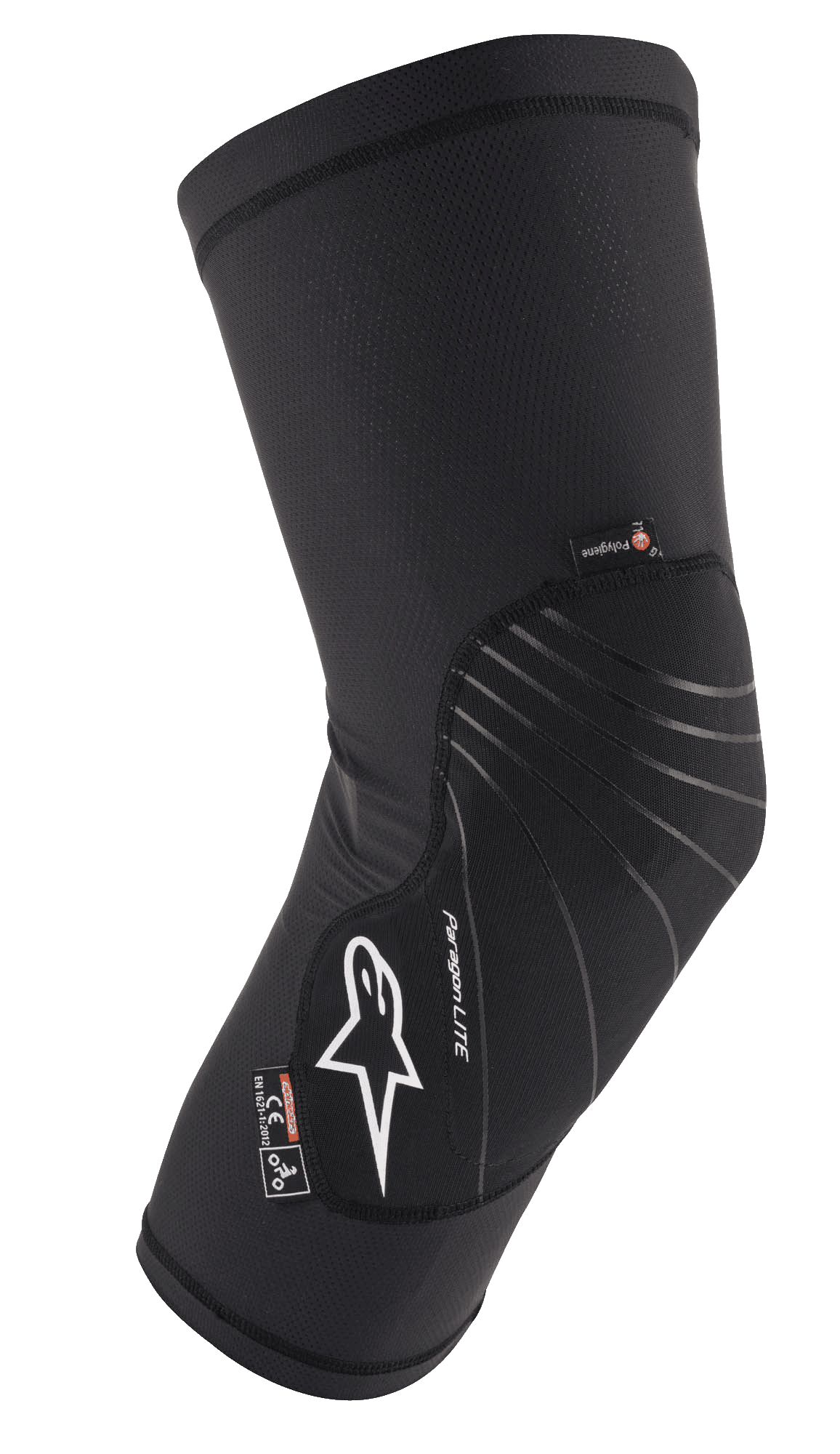 Alpinestars Paragon Lite Knee Protector, nero, protezione leggera con struttura in mesh traforata, logo bianco, linee di design grigie, design a manica slip-on, con etichette CE Livello 1 e Polygiene, progettata per MTB e ciclismo off-road