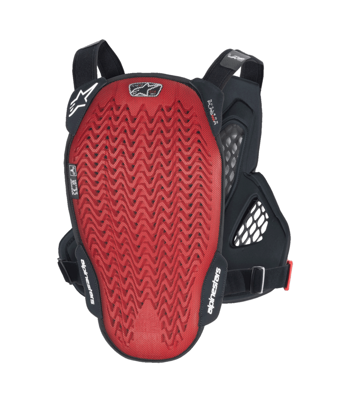 Alpinestars A-6 Plasma Chest Protector, vista posteriore, piastra dorsale Nucleon PLASMA rossa testurizzata con ali laterali nere e cinghie regolabili, equipaggiamento protettivo per MTB gravity in Nero Antracite Rosso