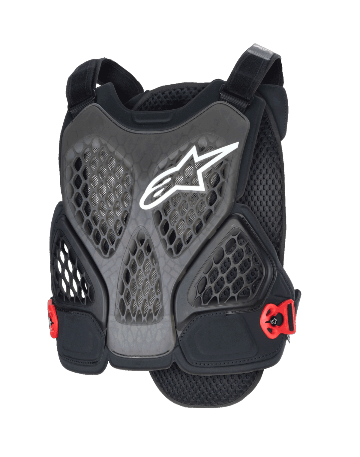 Alpinestars A-6 Plasma Chest Protector, protezione torace MTB, nero antracite e rosso, con logo a stella bianco, pannelli in rete a nido d'ape traforati per la ventilazione, fibbie laterali rosse e spalline regolabili, progettata per il fuori strada e la mountain bike gravity.