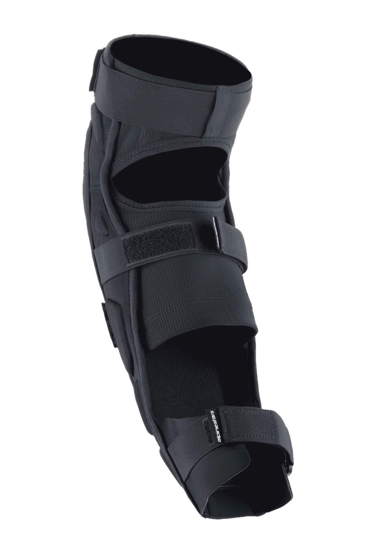 Alpinestars A-Impact Plasma Pro Knee Shin Protector, nero, vista posteriore con sistema di chiusura a triplo cinturino, pannelli in rete traspirante e design ergonomico pre-curvato per la protezione nel ciclismo off-road