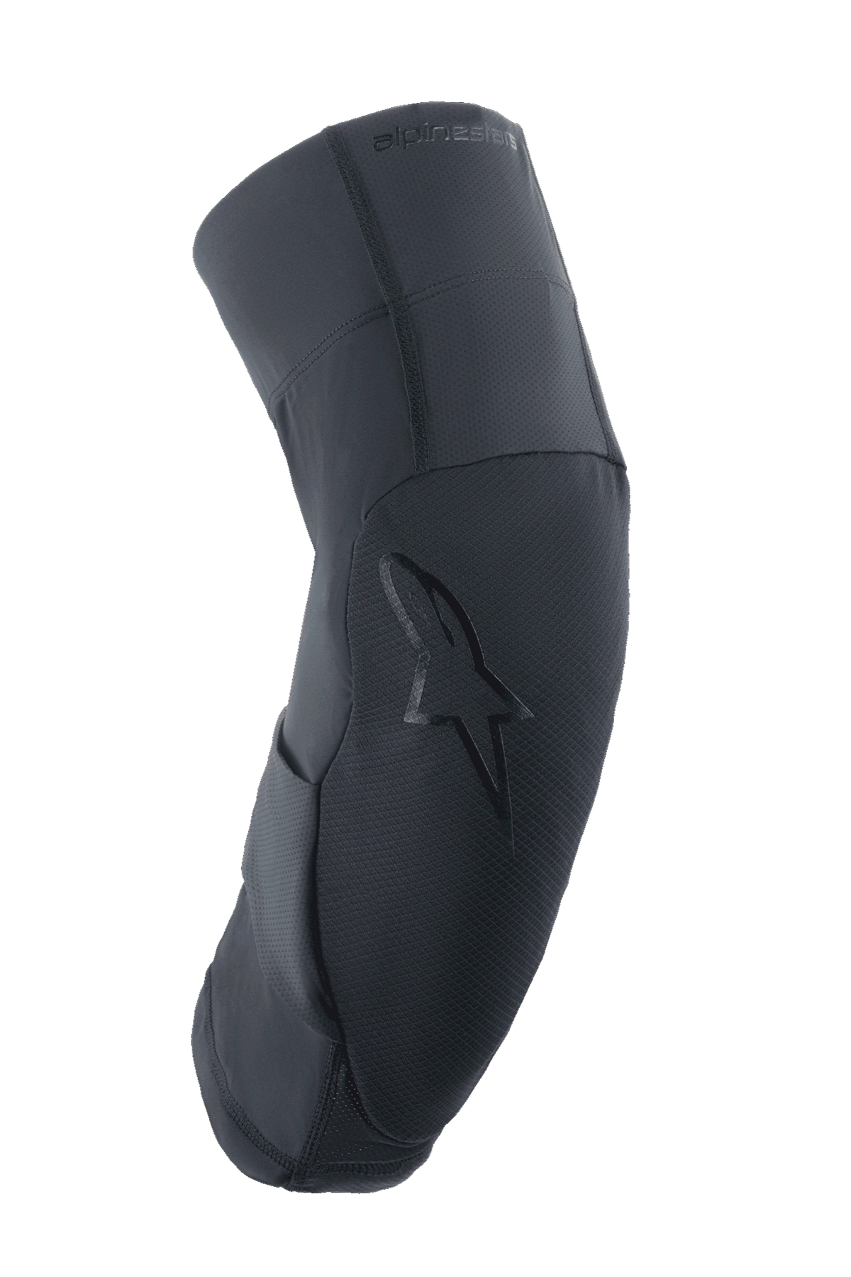 Ginocchiere Alpinestars A-Motion Plasma Pro, ginocchiere protettive leggere per MTB e trail riding, colore nero, profilo laterale con design ergonomico curvo e pannello frontale testurizzato con logo a stella tono su tono