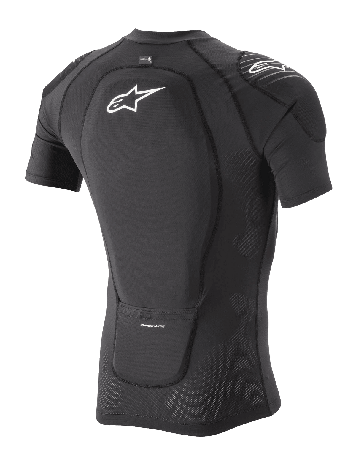 Alpinestars Paragon Lite Protection Jacket - Manica Corta, nero, vista posteriore a tre quarti che mostra il paraschiena integrato e la struttura in mesh elasticizzato traspirante, con logo Alpinestars bianco sulla schiena e sulla spalla, equipaggiamento protettivo leggero per mountain bike