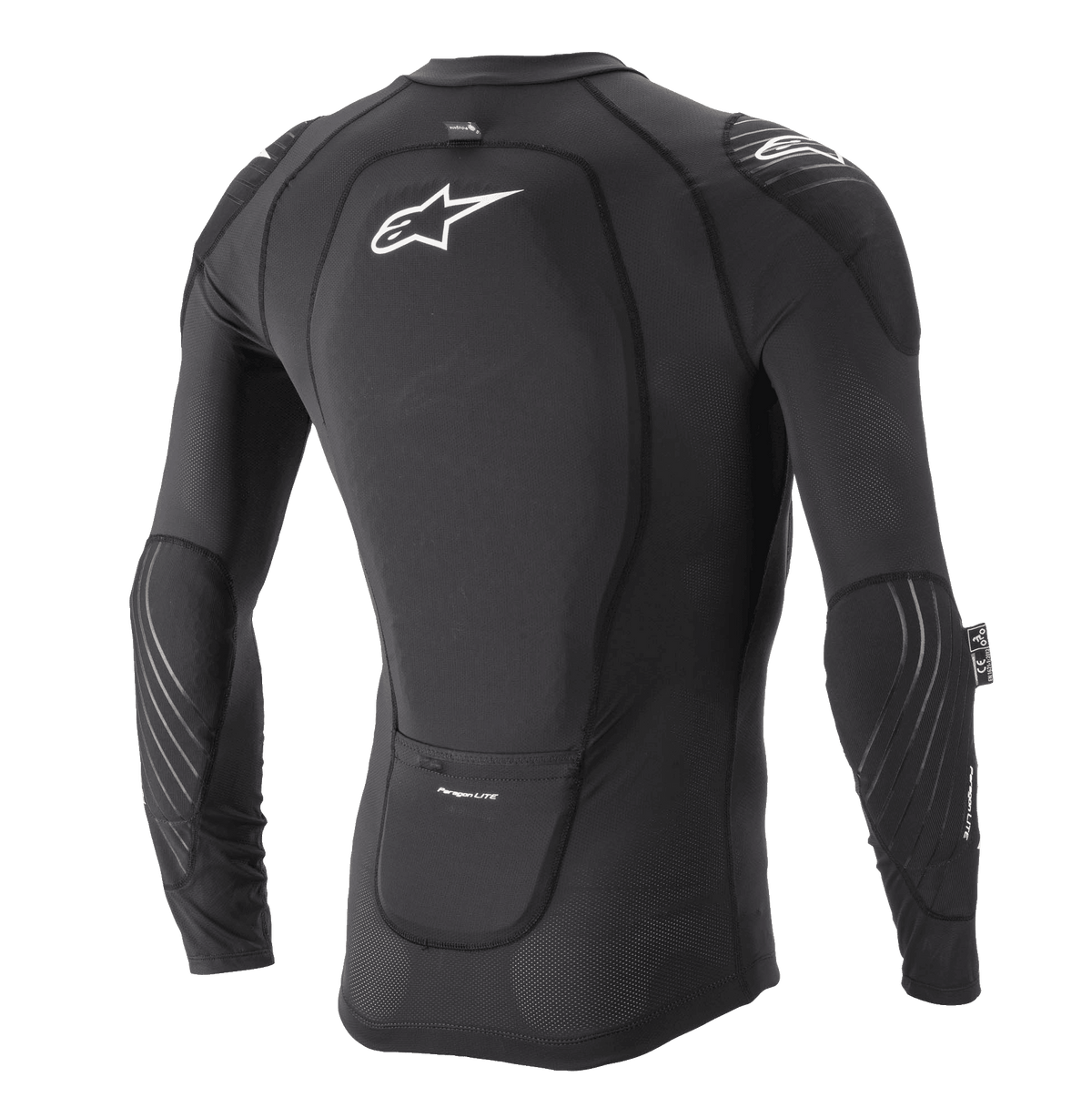 Giacca protettiva Alpinestars Paragon Lite a maniche lunghe, nero, vista posteriore con paraschiena integrato e logo Astar bianco, struttura in mesh traspirante con protezioni per gomiti e spalle, protezione MTB leggera.