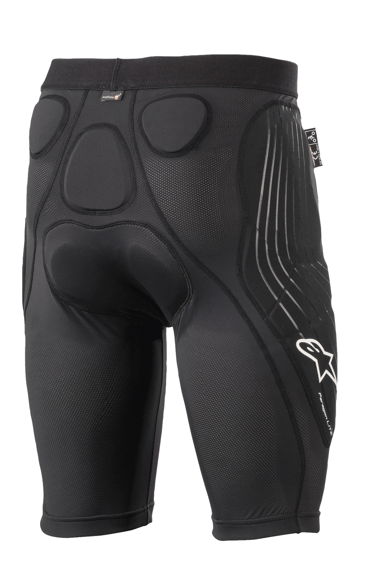 Alpinestars Paragon Lite Protection Shorts, nero, vista posteriore con imbottitura in memory foam integrata per la protezione di anca e coccige, design con struttura in mesh traspirante, logo Alpinestars bianco e marchio Paragon Lite sulla gamba, equipaggiamento protettivo leggero per il ciclismo