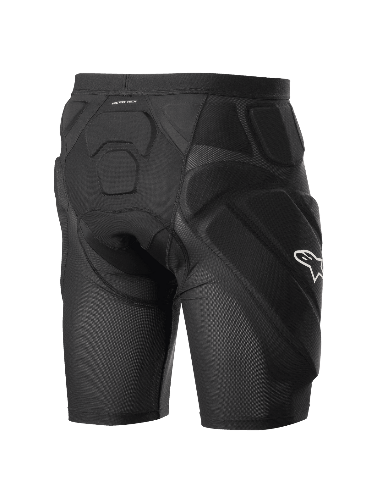 Alpinestars Vector Tech Shorts, pantaloncini protettivi da ciclismo neri, con imbottitura integrata in schiuma di memoria EVA su fianchi e schiena, struttura in rete elastica traspirante e logo Alpinestars bianco sul lato.