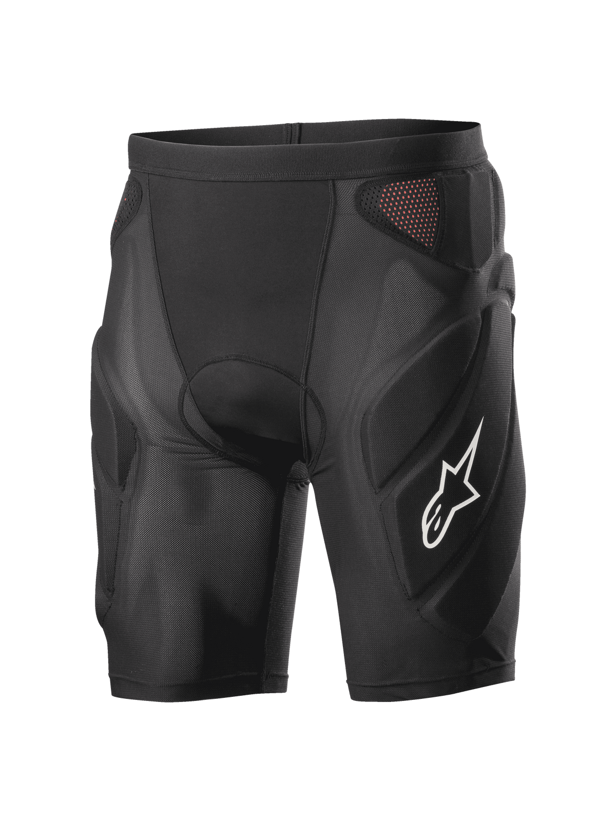Alpinestars Vector Tech Shorts, pantaloncini protettivi da ciclismo, neri con pannelli in mesh rossi, logo a stella bianco sulla coscia, design a compressione imbottito con protezioni in schiuma EVA, attrezzatura per MTB e downhill