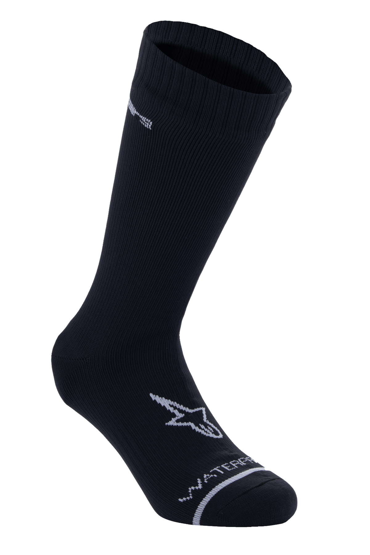 Alpinestars A-Dura Waterproof Socks, calze da ciclismo impermeabili a metà polpaccio, nero, texture a coste sul bordo, logo A-star bianco sul piede, scritta Waterproof sulla punta, base layer tecnico per MTB