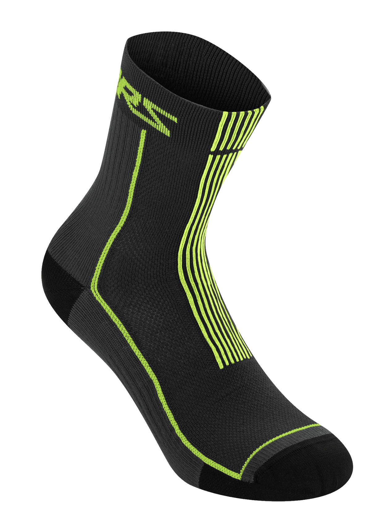 Alpinestars Summer Socks 15, nero e giallo acido, calzini da ciclismo leggeri a costine, con logo ASTARS giallo neon e strisce verticali sul tallone, struttura in mesh traspirante per la guida MTB in climi caldi