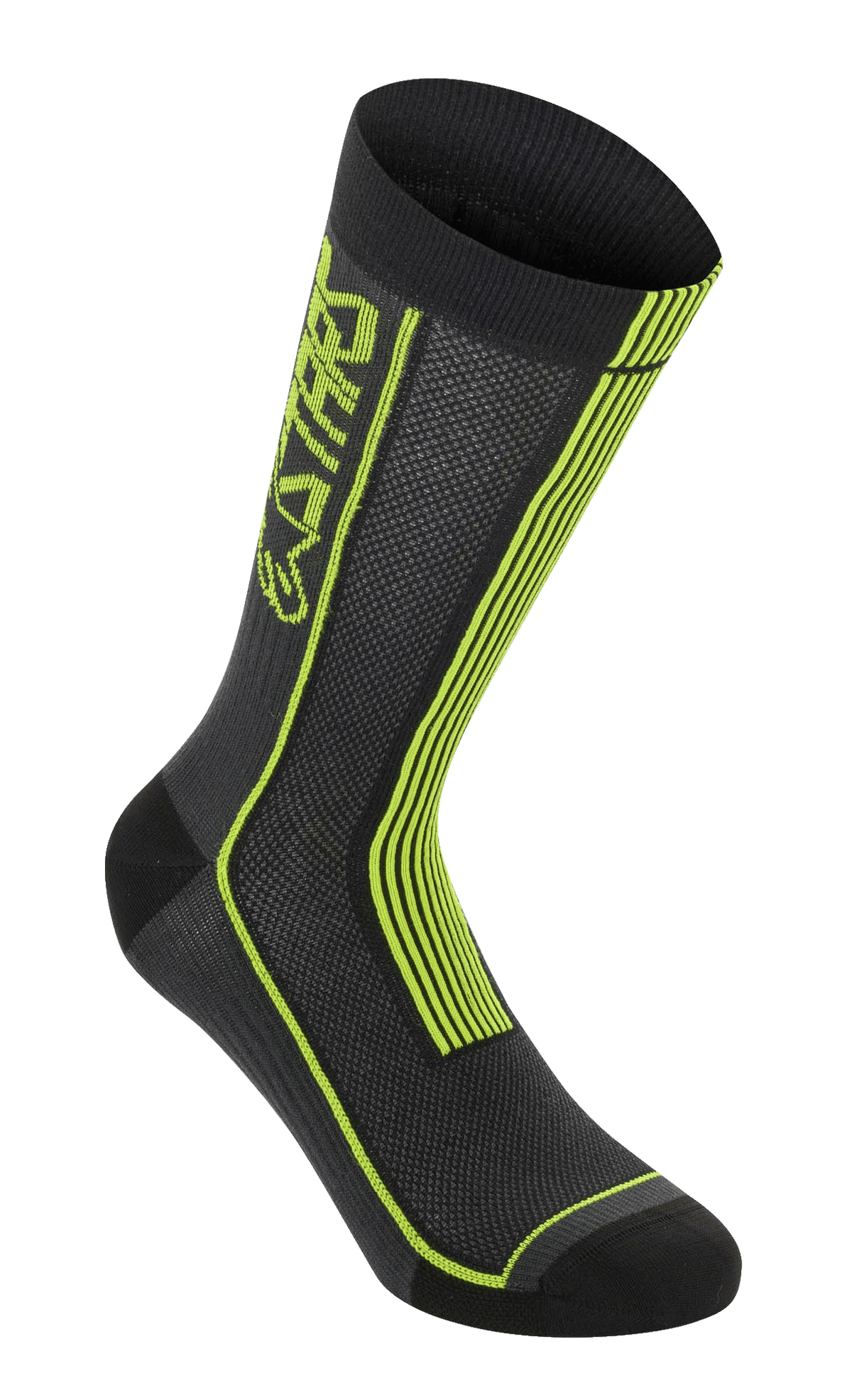 Alpinestars Summer Socks, calze da ciclismo, nero e giallo acido, con strisce verticali giallo neon e marchio ASTARS, struttura in rete traspirante con bordo superiore a coste, punta e tallone rinforzati, abbigliamento tecnico leggero per mountain bike.