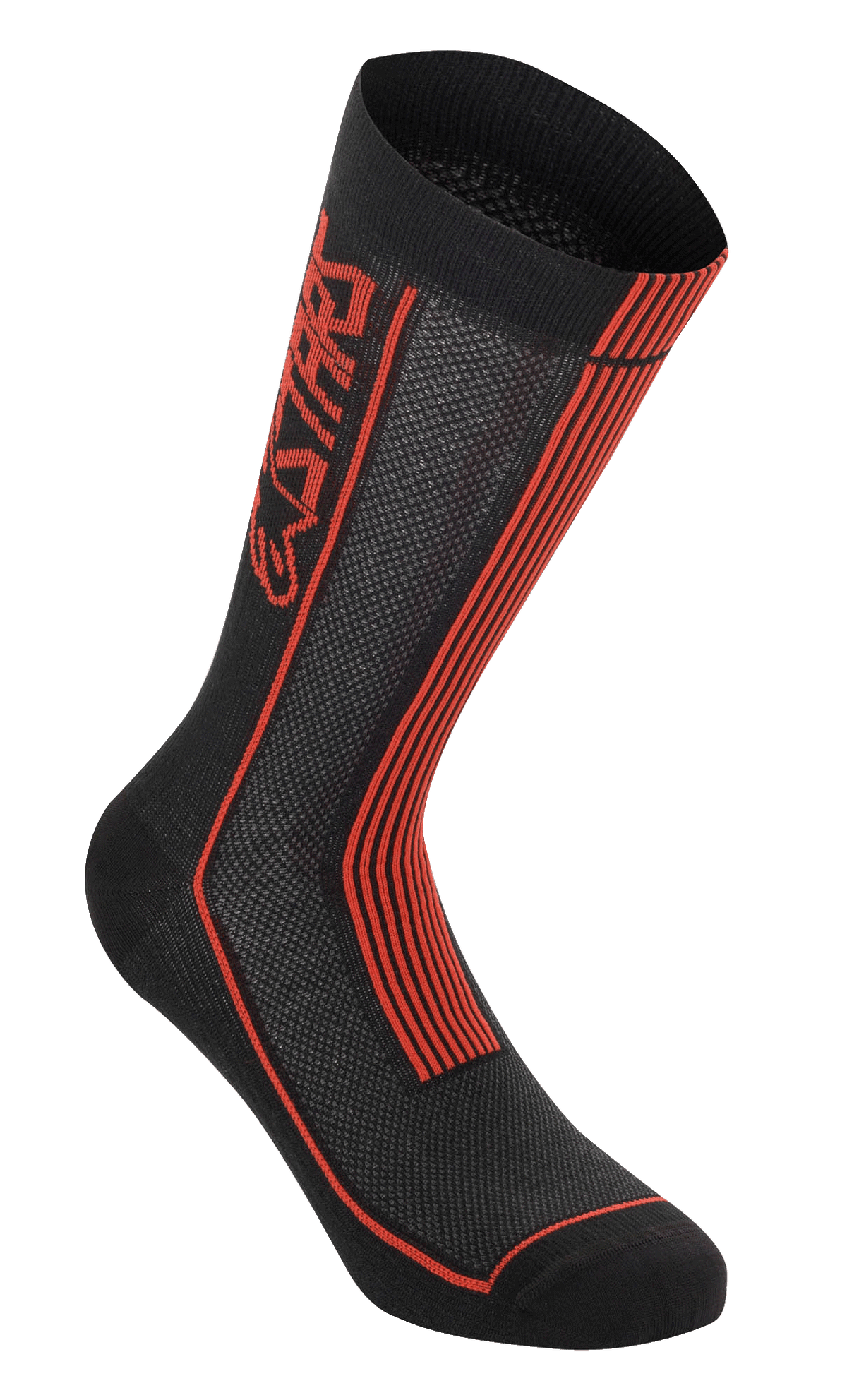 Alpinestars Summer Socks, calzini da ciclismo, nero e rosso acceso, logo Astars verticale e strisce rosse, trama a rete per la ventilazione, struttura a costine per l'elasticità, calzature tecniche per climi caldi