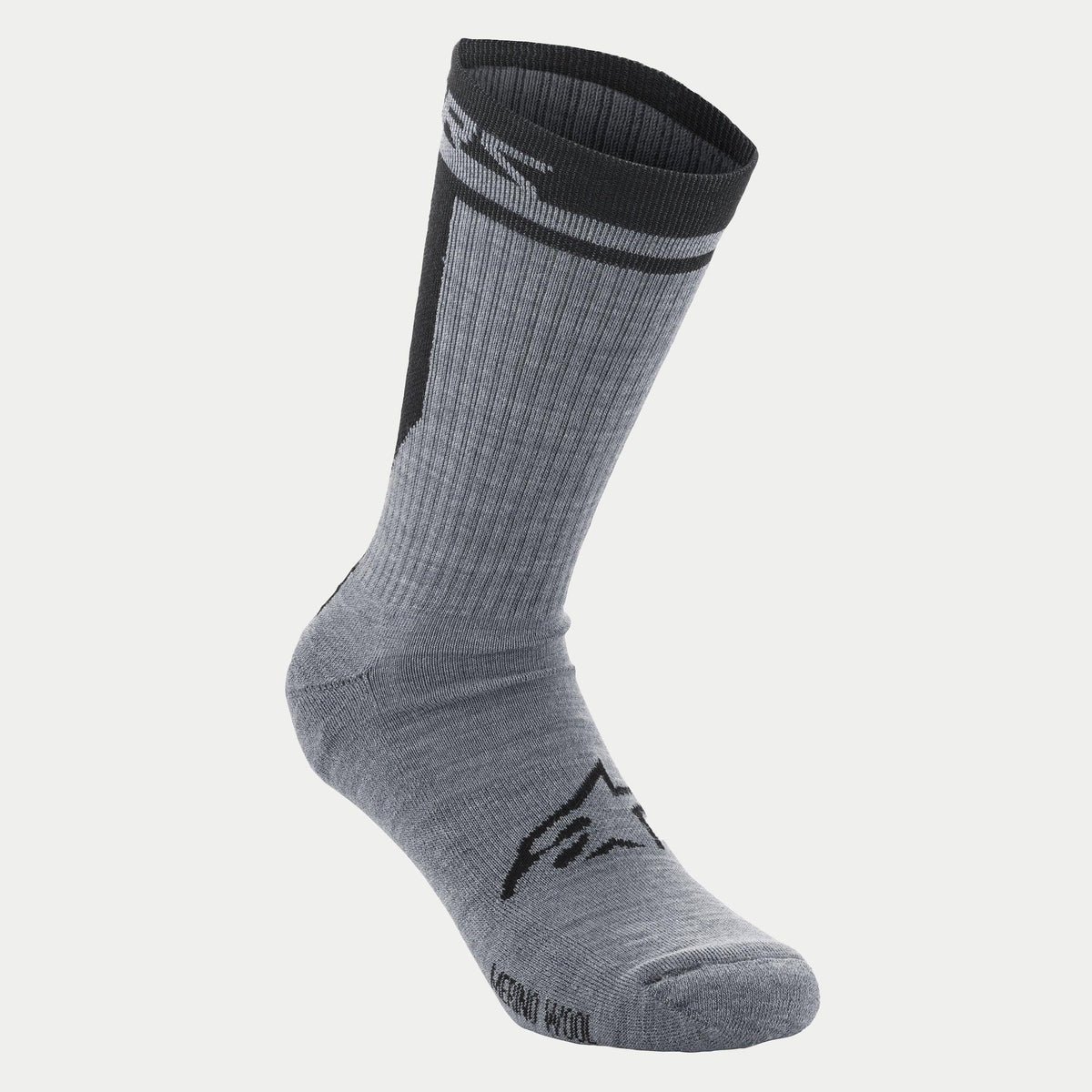 Alpinestars Merino Socks 24, calzini da ciclismo, grigio e nero, costruzione a strato singolo a costine in lana merino, con logo a stella nero sul piede e bordo nero con marchio, lunghezza 24 cm per il comfort nel ciclismo MTB e su strada