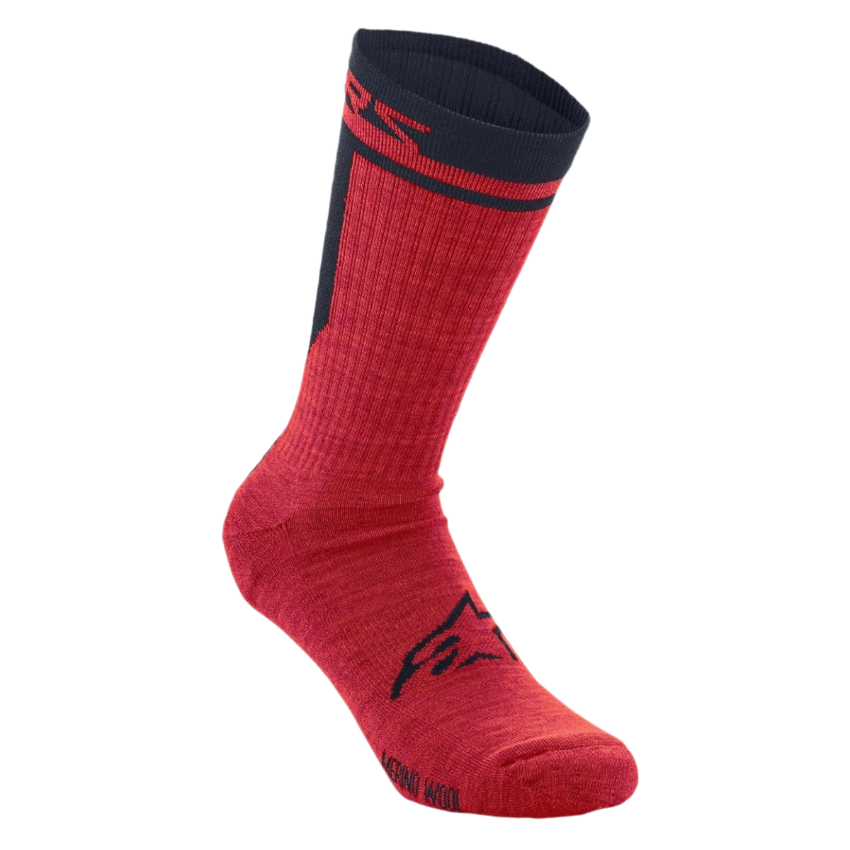 Alpinestars Merino Socks 24, calzini da ciclismo, rosso e nero, costruzione in lana merino a strato singolo, con logo Alpinestars nero sul piede e polsino nero con marchio rosso