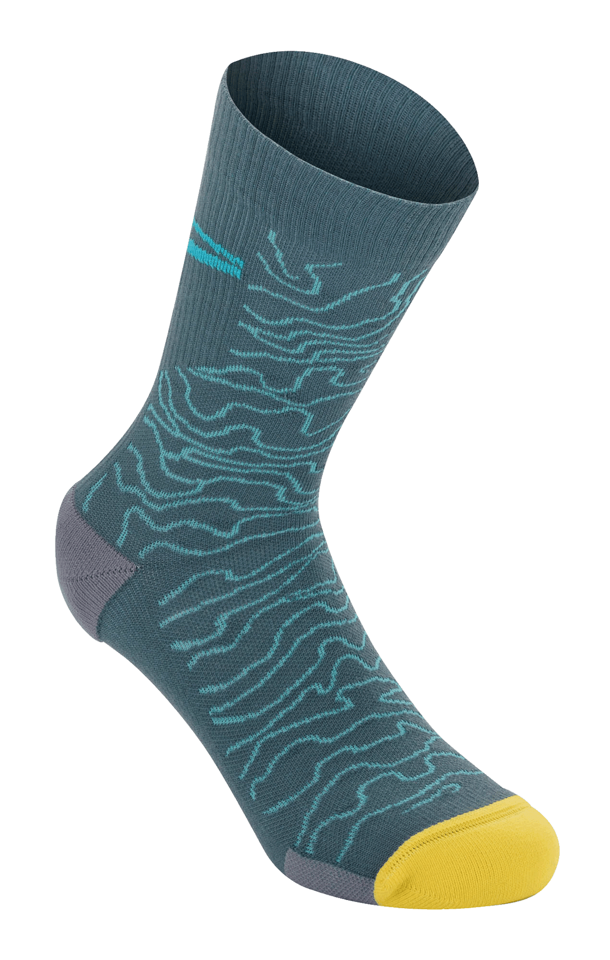 Alpinestars Drop Socks 15, calze da mountain bike, blu Atlantic Ceramic con motivo topografico azzurro chiaro, punta giallo acceso e tallone grigio, trama a costine, calze da MTB leggere e performanti