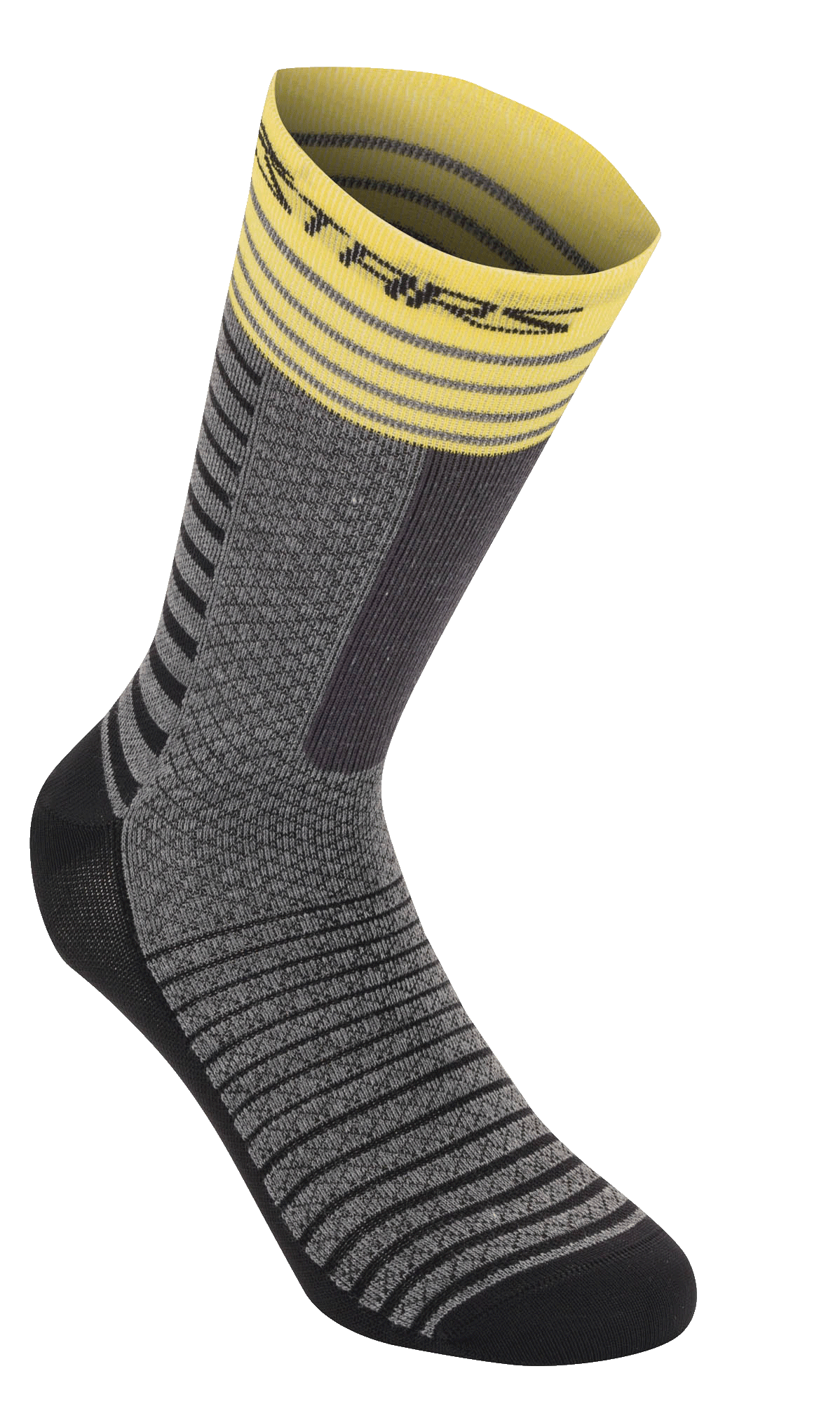 Alpinestars Drop Socks 19, calzini da ciclismo, grigio medio e giallo, con bordo a costine giallo e strisce, corpo grigio con motivi orizzontali neri, tallone e punta rinforzati neri, abbigliamento tecnico traspirante per MTB