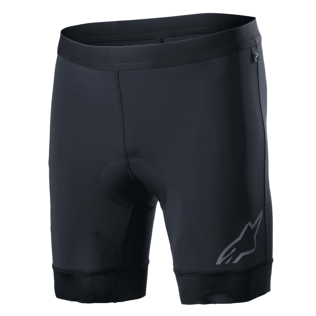 Alpinestars Alps Inner Shorts, pantaloncini intimi da ciclismo neri con zona seduta imbottita integrata, fascia elastica in vita, logo Astars riflettente sulla parte inferiore della gamba sinistra, tessuto sintetico elasticizzato per prestazioni e comfort traspirante