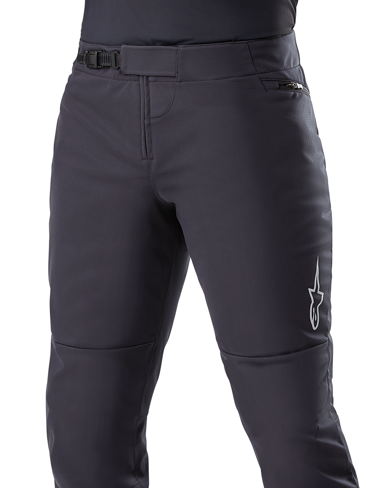 Pantaloni Termici Alpinestars A-Dura, pantaloni da MTB neri, con chiusura a cricchetto sicura in vita e tasca laterale con cerniera, logo a stella bianco sul lato, forma pre-curvata per il comfort di guida, materiale termico resistente per il ciclismo in climi freddi