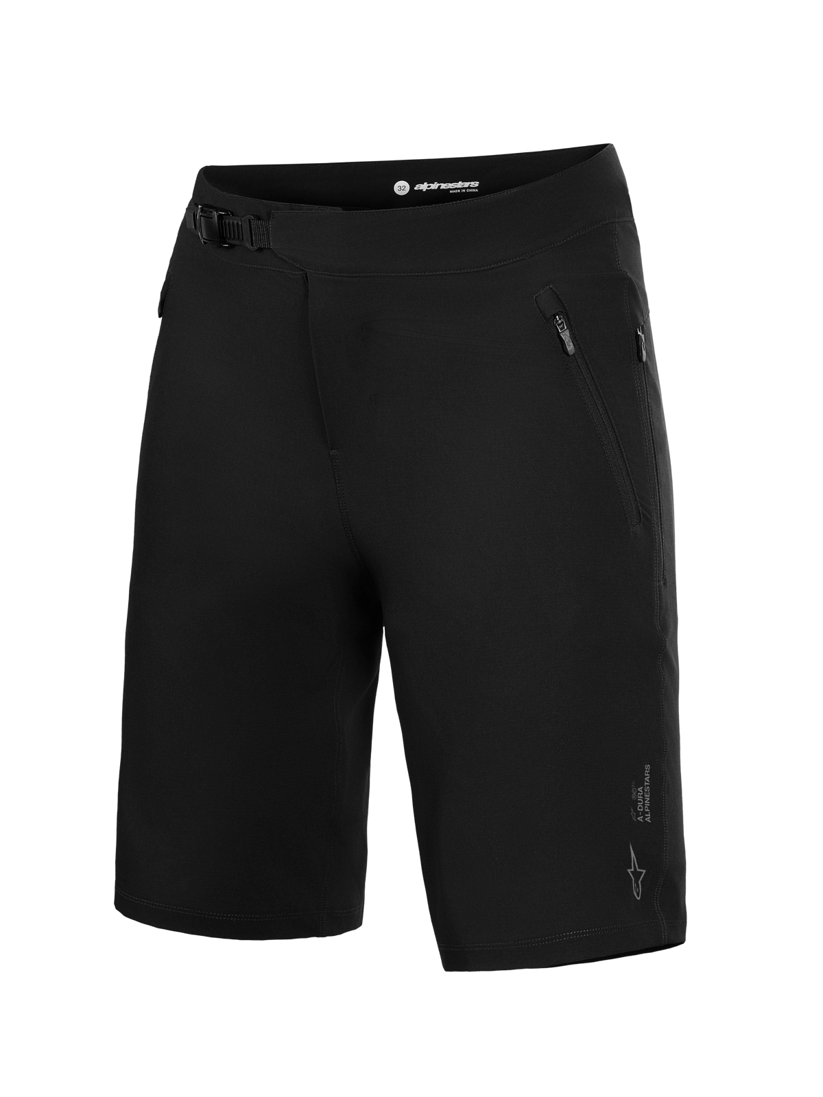 Pantaloncini Alpinestars A-Dura Ride neri da MTB, con chiusura a cricchetto e tessuto elasticizzato 4-way stretch.