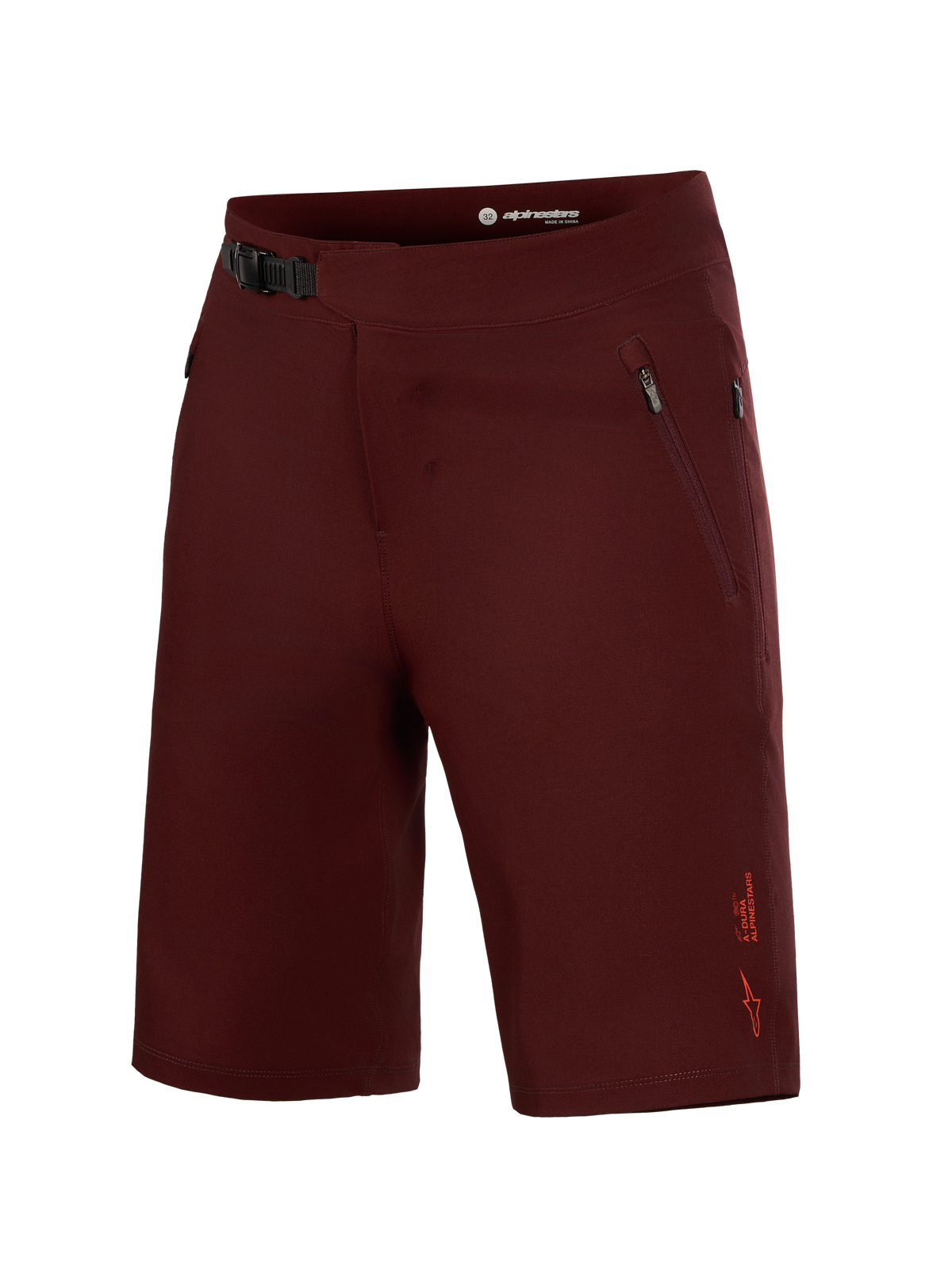 Pantaloncini A-Dura Ride bordeaux, capo MTB elasticizzato con chiusura a cricchetto frontale e tasche laterali con zip.