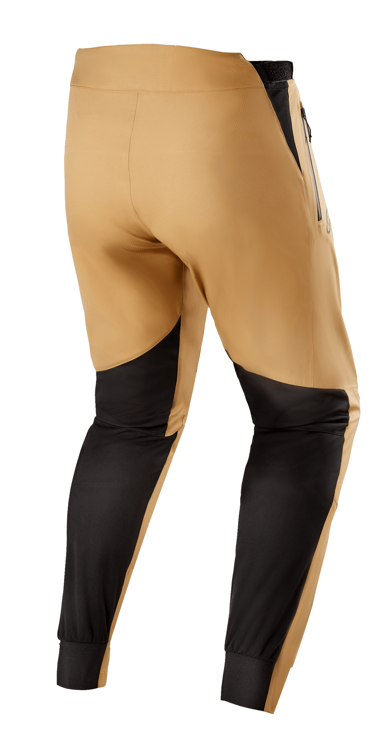Alpinestars Tahoe 8.1 Waterproof Pants, pantaloni MTB impermeabili, cachi e nero, vista posteriore con pannelli rinforzati neri sui polpacci, linguette di regolazione in vita e zip impermeabili per la guida su trail in condizioni di bagnato