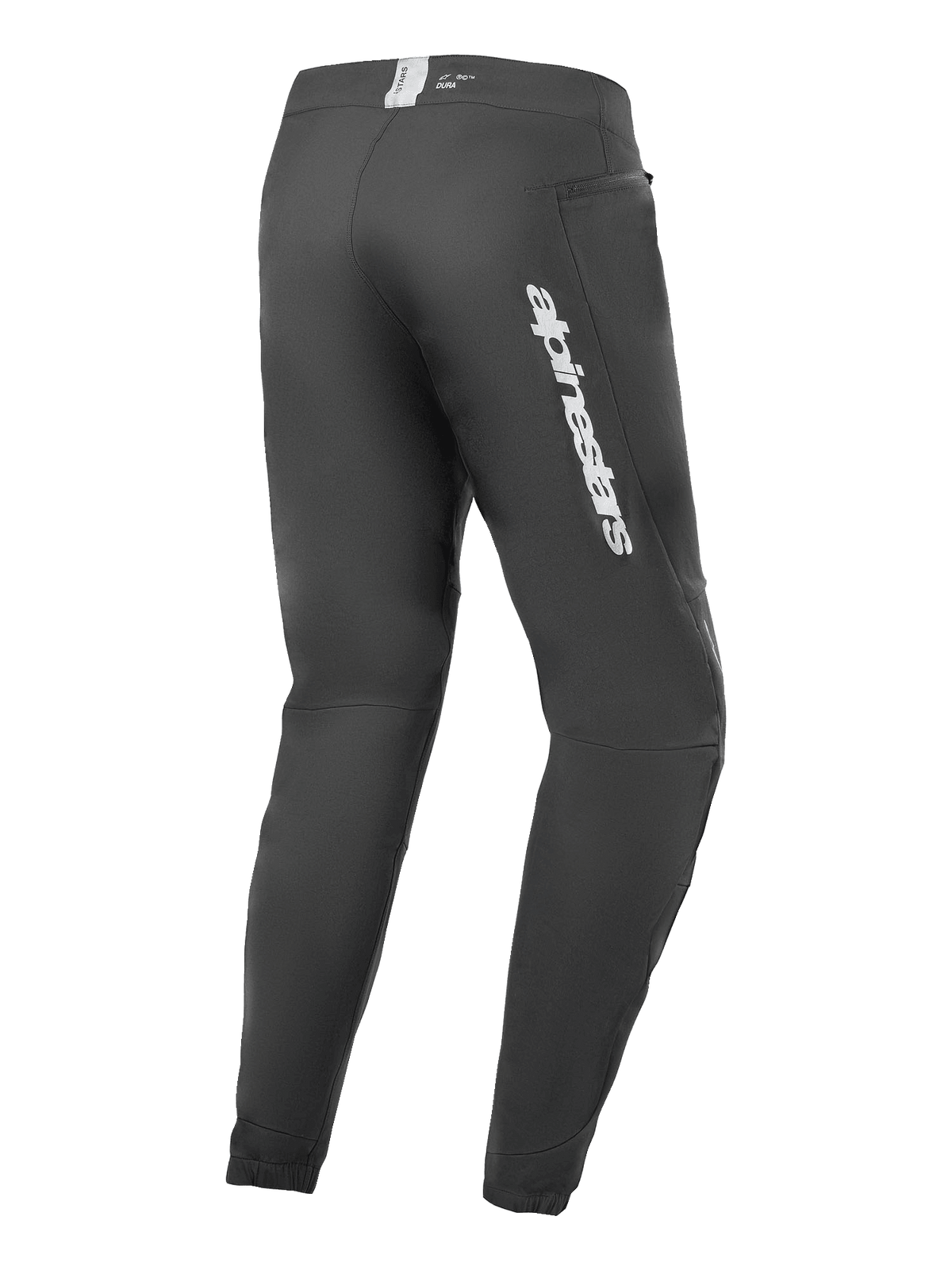 Pantaloni Alpinestars A-Dura Elite, pantaloni da mountain bike, nero, vista laterale posteriore con logo Alpinestars argento sulla coscia, tasca con zip e polsini elasticizzati, abbigliamento tecnico resistente per MTB