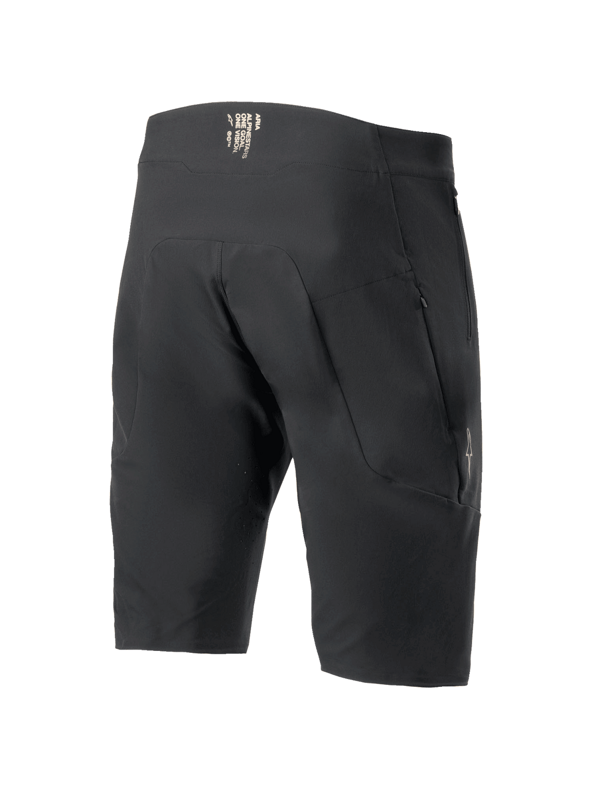Alpinestars A-Aria Elite Shorts, pantaloncini da mountain bike, nero, vista posteriore con tasche con zip e branding sulla fascia in vita, vestibilità tecnica performante per il ciclismo fuoristrada