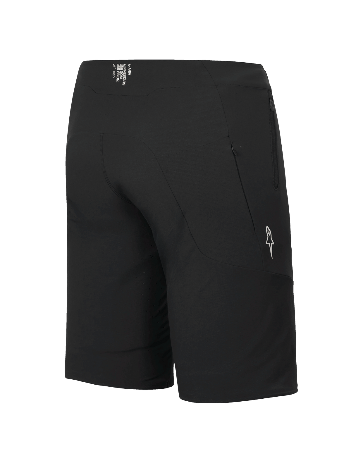 Alpinestars A-Aria Elite Shorts, pantaloncini MTB, Black Titanium, vista laterale posteriore con tasca con zip e logo a stella bianco, vestibilità performante per il ciclismo